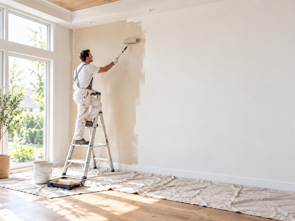 Maler streicht auf der Leiter eine Wohnzimmerwand mit der Farbrolle