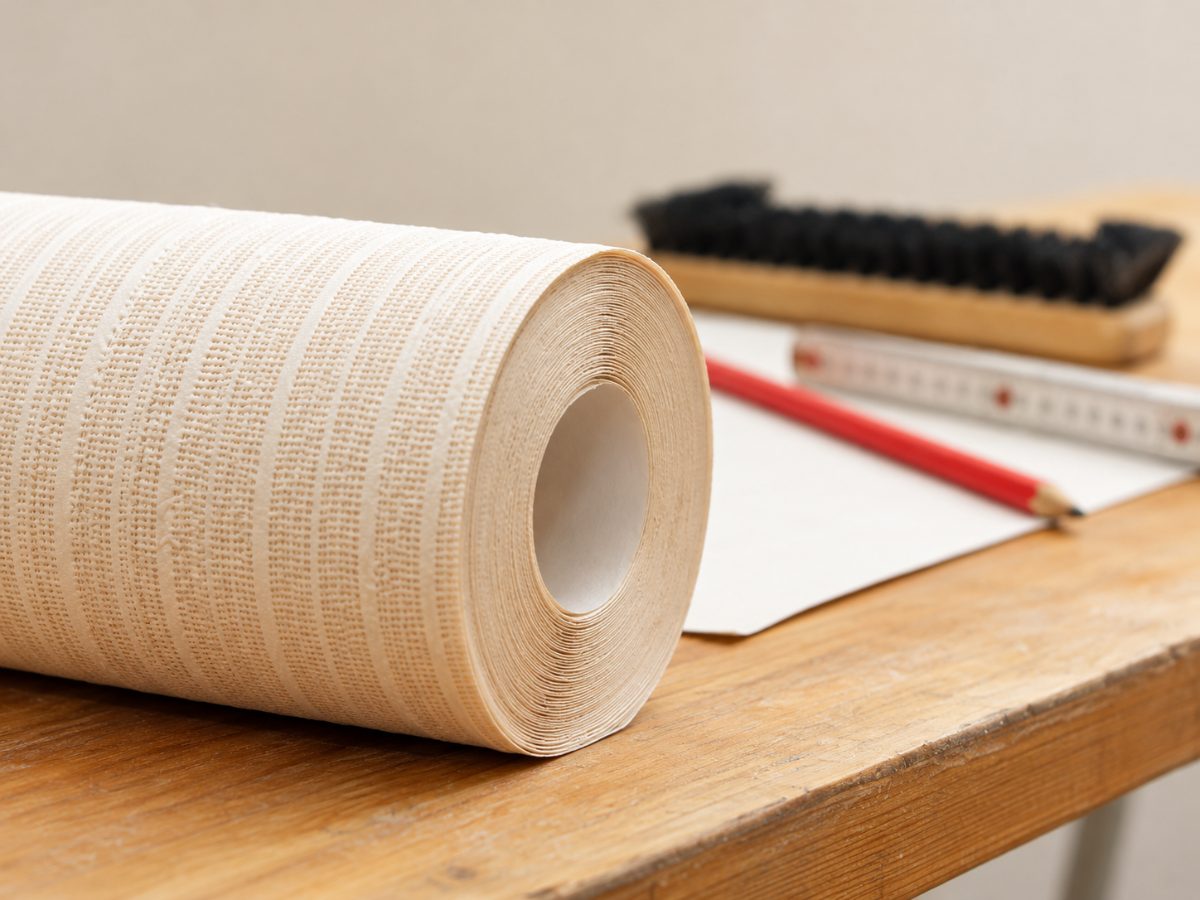 Tapetenrolle mit Tapezierbürste, Zollstock und Bleistift auf dem Arbeitstisch