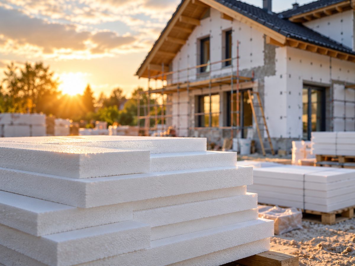 Wohnhaus mit Gerüst und Dämmplatten während der Fassadensanierung